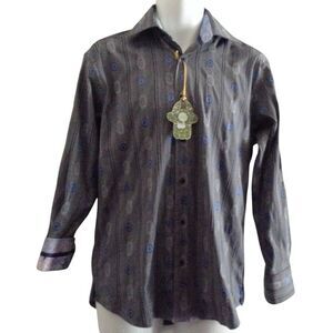 Visconti Shirt Mens Small Gray Blue Striped Medalions Flip Cuffs Business Casual